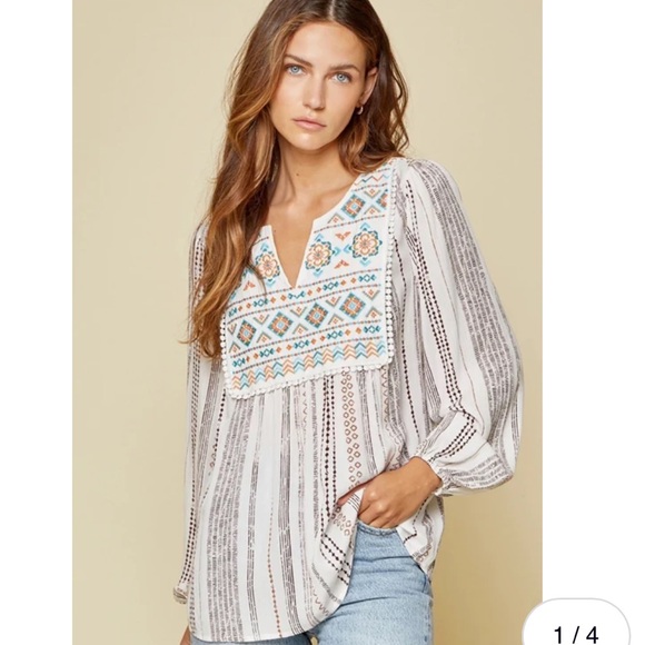 Savannah Jane Boho Bib Embroidery Blouse Ivory Mocha size 2X - Picture 2 of 10